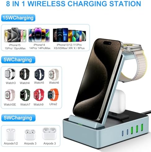 Power Up Your Workspace with the 100 W Aluminum Alloy 8-in-1 Wireless Charging Station – Fast USB-C Dock for i Phone, i Watch & Air Pods Pro – Sleek, Durable Design for Multi-Device Efficiency
