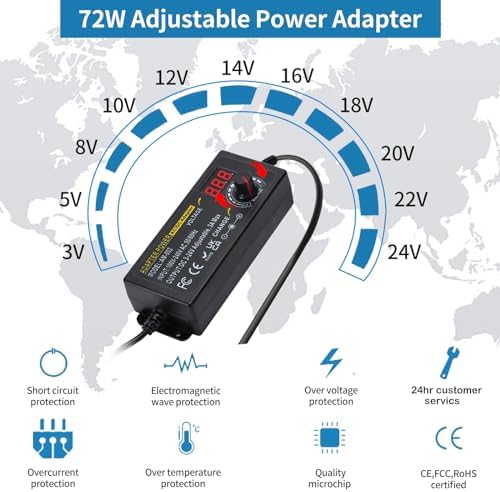 Versatile Universal Power Supply Adapter: 3 V to 24 V AC/DC Converter with 3 A Output, 72 W Power Capacity, and 14 Interchangeable Tips – Ideal for LED Strip Lighting, Printers, and Audio Equipment – Optimized for Maximum Device Compatibility and Efficiency