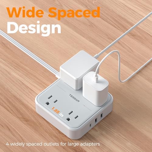TESSAN Compact Flat Plug Surge Protector Power Strip with 4 AC Outlets and 3 Fast-Charging USB Ports – 5 ft Extension Cord for Office, Dorm, and Travel – 900 J Surge Protection for Enhanced Device Safety and Clutter-Free Organization