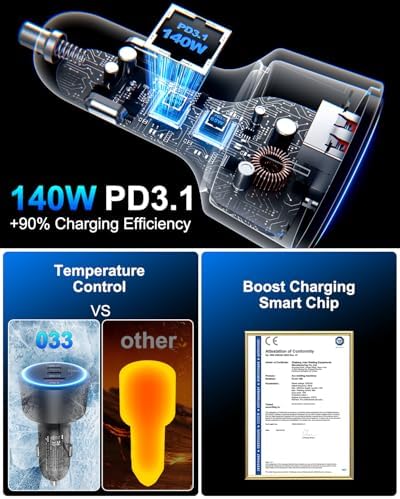 SCHUGS 205 W Ultra-Fast 3-Port Car Charger – USB C PD3.1 & QC5.0 Compatible for i Phone 16, Samsung S25 & Mac Book – Versatile 12 V-24 V Truck Charger with LED Indicator & Six Safety Protections for Enhanced Charging Efficiency and Device Safety