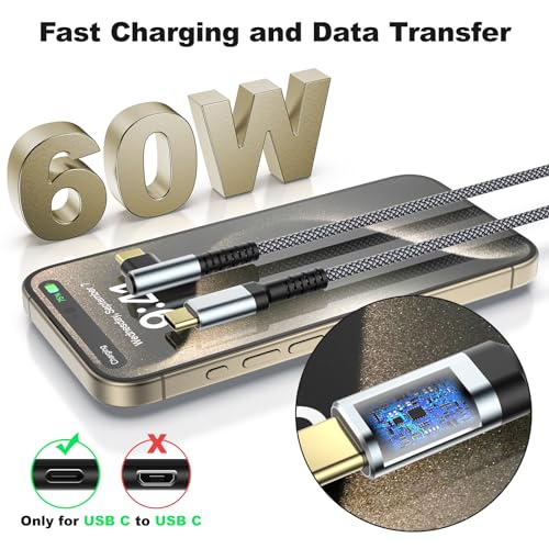 Maximize Your Charging Efficiency with 3-Pack 10 FT 60 W USB C to USB C Cables – Durable Braided Design, Ergonomic Right Angle Connector for Seamless Use with i Phone 16/15 Pro Max Plus, Galaxy S25/S24, i Pad Pro/Air, Mac Book Pro/Air – Ideal for Home, Office, and Travel Convenience