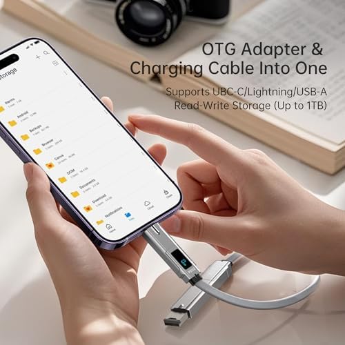 PZOZ 5-in-1 Portable OTG Cable: Fast Charging Keychain Hub with USB-C, Lightning, USB A, Micro SD/TF Reader & LED Display – 140 W Power Delivery for Ultimate Device Compatibility and On-the-Go Convenience