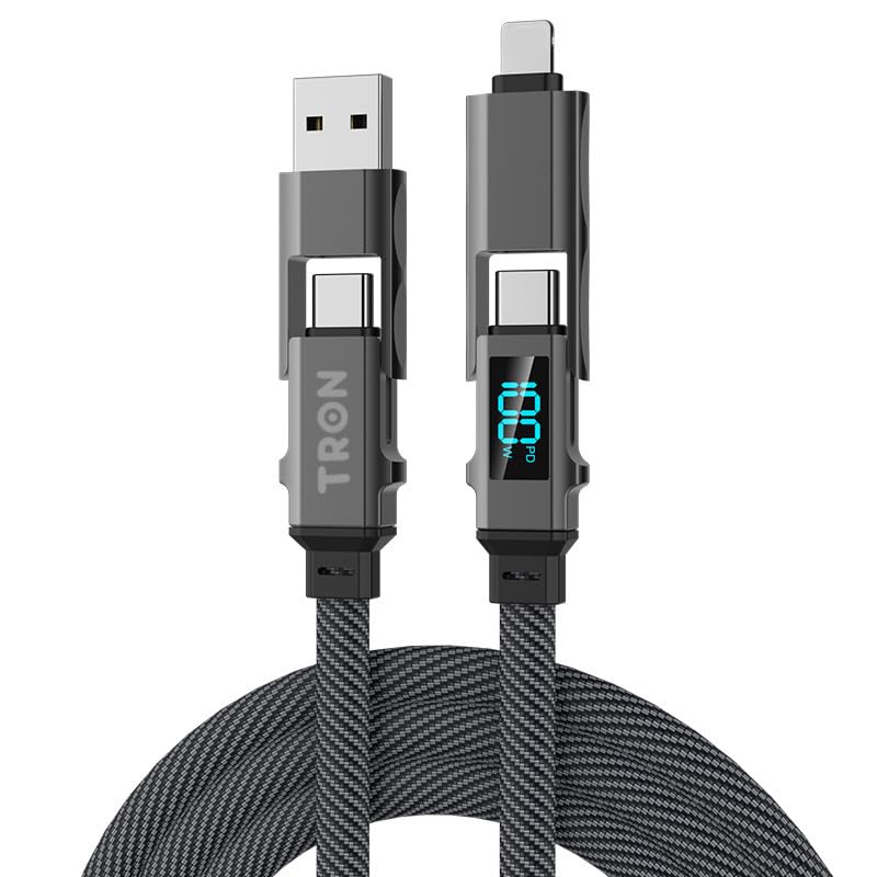 Universal TRON 4-in-1 100 W Braided Charging Cable with LCD Display – 5 FT Type-C, USB-A, Lightning Connector for i Phone, i Pad, Samsung, and Laptop – Ultimate Fast Charging Solution and Enhanced Device Compatibility