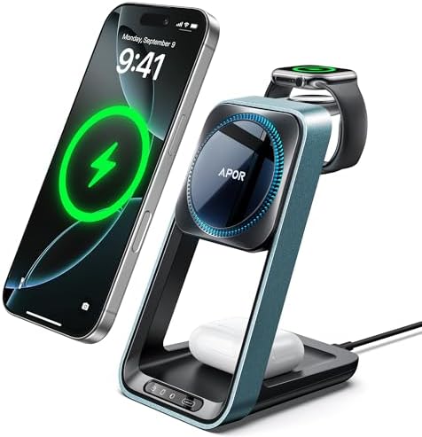 APOR 3 in 1 Magnetic Wireless Charging Station for i Phone, Apple Watch & Air Pods – Advanced Magsafe Charger with Integrated Cooling Fan for Enhanced Speed & Safety, Ideal for i Phone 16/15/14/13/12 Series, Apple Watch Ultra 2/10/9/8/7, Seamless Charging Experience with Over-Voltage Protection, Stylish Desk & Nightstand Organizer, Perfect for Apple Users Seeking Efficiency and Reliability