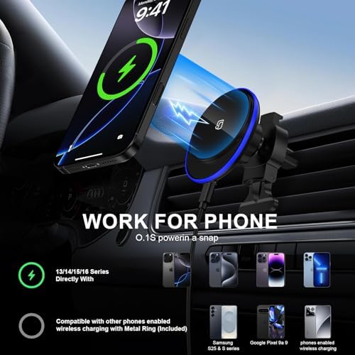 15 W Magnetic Car Wireless Charger: Fast Charging Mount for Samsung Galaxy S25 Series & i Phone 16 Models – 360° Rotating Air Vent Holder for Secure On-the-Go Convenience and Enhanced Compatibility