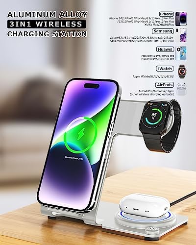 Premium Aluminum Alloy 3-in-1 Wireless Charging Station for i Phone, Apple Watch & Air Pods – Ultra-Fast Power Delivery for i Phone 15 to 11 (Pro, Pro Max), XS, XR – Sleek Minimalist Design for Effortless Clutter-Free Charging Experience