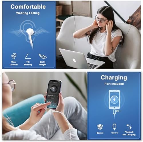 High-Fidelity USB C Wired Headphones with Integrated Charging Port for i Phone 15 Pro Max, i Pad Air, Mac Book & USB-C Devices – Premium Audio Earbuds for Uninterrupted Listening Experience with Lenovo, Dell, Samsung, and Google Pixel Compatibility