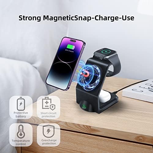 Magnetic 3-in-1 Wireless Charging Station for Apple Devices – Fast, Efficient Charger for i Phone 15/14 Pro Max, Apple Watch Ultra/8/se/7/6/5/4/3/2, and Air Pods – Compact Design with Enhanced Compatibility and Safety Features