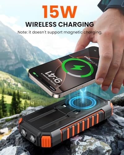 Riapow 27,000 m Ah Solar Power Bank – Ultra-Fast 22.5 W Wireless Charger with Built-in Cables for 6 Devices, Ideal for Outdoor Adventures and Emergency Power Needs – Charge i Phone 16 to 65% in 30 Minutes with High-Capacity Battery and Efficient PD 3.0 Technology – Stay Connected Anywhere, Anytime