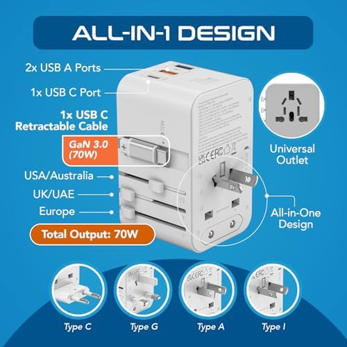 Universal Travel Power Adapter with 45 W PD Retractable USB-C Cable – Ultimate Multi-Device Charger for Global Use – Compatible with Laptops, Smartphones & Cameras – Essential Travel Accessory for US, EU & UK Adventures – Compact Design for Hassle-Free Charging