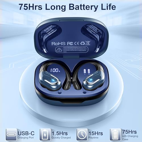 Ultimate Wireless Sport Earbuds with 75-Hour Playtime, Bluetooth 5.4 Connectivity, and IP7 Waterproof Rating – Noise-Canceling Earphones with Deep Bass for Gym, Running, and Outdoor Activities – Enhanced Comfort and Stability for Active Lifestyles