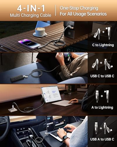 SHEZI 4-in-1 Fast Charging USB C Cable – 60 W Power Delivery with Lightning, USB C, and USB A Ports – 5 FT Durable Flat Nylon Braided Cord – Stylish Pink Design for i Phone, i Pad, and More – High-Speed 480 Mbps Data Transfer Solution for All Your Devices
