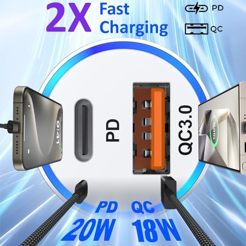 38 W Dual Port Fast Car Charger for i Phone 16 & 15 – Includes 2 Braided 6 ft USB-C Cables & 40 W Wall Adapter – Quick Charge 3.0 Cigarette Lighter Adapter for i Pad, Samsung & Tablets – Ultimate On-the-Go Charging Solution