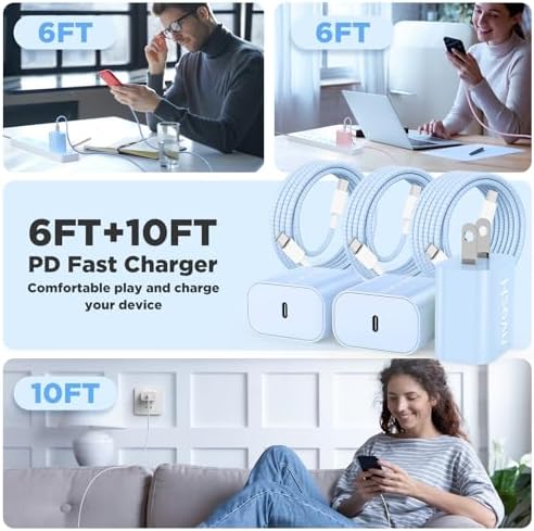 Rapid Charge 3-Pack USB-C Fast Charger Kit for i Phone 15 & 16 Pro Max – 20 W Power Blocks with Robust 6 ft & 10 ft Braided Cables – Ultra-Fast Charging Solution for i Pad Pro 13/12.9 – Sleek, Portable Wall Charger for Everyday Convenience