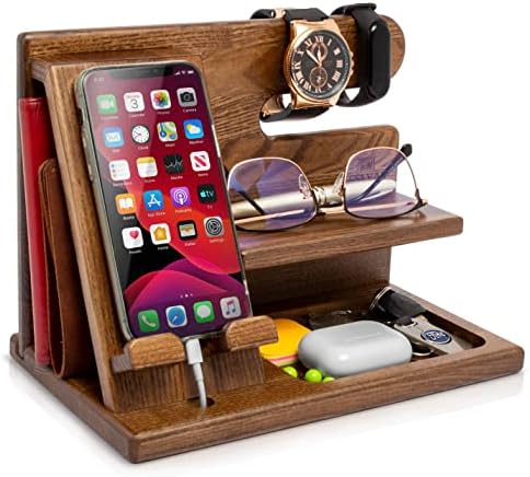 TESLYAR Wood Phone Docking Station for Men – Desktop or Nightstand Organizer – Birthday Gifts for Men, Dad – Anniversary Idea from Wife – Key Holder, Stand Wallet, Watch & Essentials (Antique Brown) – Enhanced Compatibility and Speed