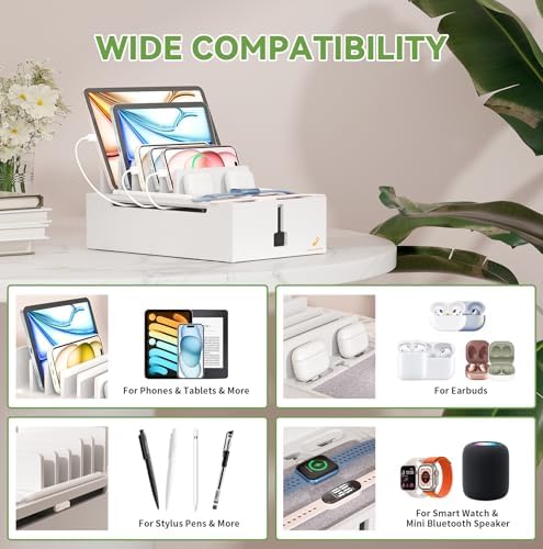 Pezin & Hulin Eco-Friendly Bamboo Charging Station – 10-Port USB Dock Organizer with 6 Cables, Enhanced Power Supply & Cable Management for Multi-Device Charging, Sleek Natural and Black Design for Homes and Offices