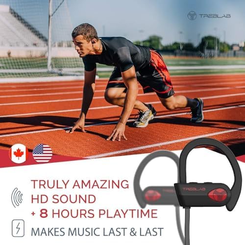 TREBLAB XR500 Waterproof Bluetooth Earbuds – Noise Cancelling Sport Headphones for Running and Workouts, Secure Fit, IPX7 Rated, Wireless Connectivity, Built-In Mic for Hands-Free Calls, Compatible with All Devices