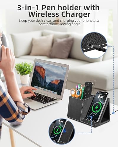 Multi-Functional Desk Organizer with Wireless Charging, Digital Thermometer & Humidity Monitor – Stylish Brown Pen Holder for Home Office Efficiency and Clutter-Free Workspace
