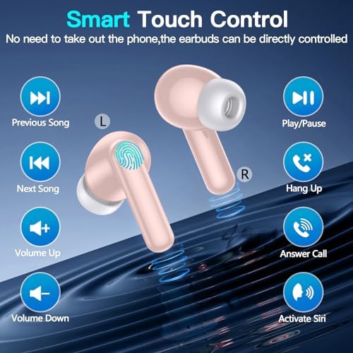 Kurdene Pink Wireless Earbuds – Advanced Bluetooth 5.3 Waterproof Headphones with Hi-Fi Stereo Sound and Active Noise Cancelling Mic for Ultimate Fitness Performance – Compatible with i Phone, Samsung & Android Devices