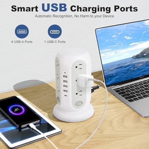 Revolutionize Your Charging Setup with the 16.5 FT Power Strip Tower – 12 AC Outlets & 5 USB Ports (1 USB-C) Surge Protector for Home, Kitchen, Dorm, & Office – Space-Saving Design with Enhanced Overload Protection for Maximum Device Compatibility and Rapid Charging Efficiency