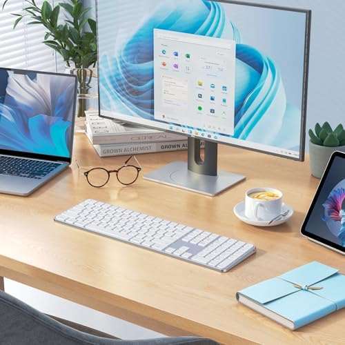 Ultra-Quiet Wireless Bluetooth Keyboard for Mac – Multi-Device Connectivity, Rechargeable Full-Size Design with Number Pad, Perfect for i Pad, i Phone, Mac, Windows & Android – Sleek White Finish for Modern Workspaces
