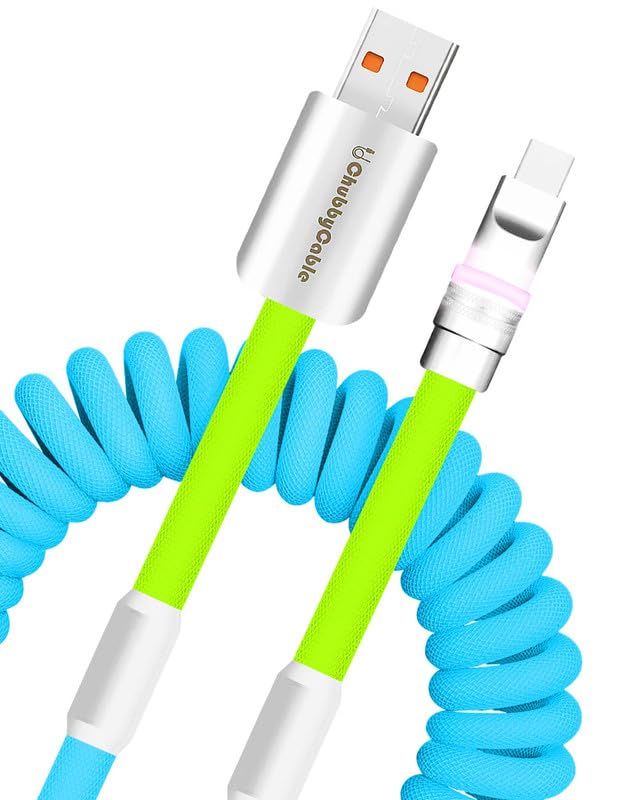 Neon Chubby Spiral Charge Cable – Vibrant 2.29-3.6 FT Type-C Coiled Charger for USB-C and Carplay Devices, Fast Sync and Charge, Tangle-Free Design in Bold Purple and Light Green, Perfect for Smartphones and Tablets
