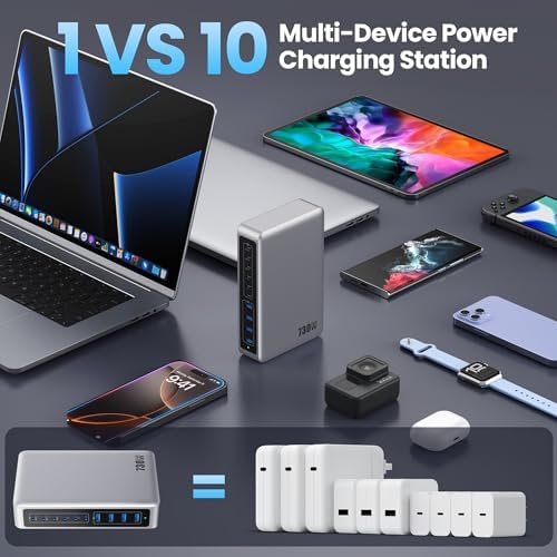 200 W Ga N IV USB-C Charging Hub: 8-Port Fast Charging Station with PD 65 W for Laptops, i Phones, i Pads, and Steam Deck – Compact & Efficient Power Adapter in Striking Red for Ultimate Device Versatility