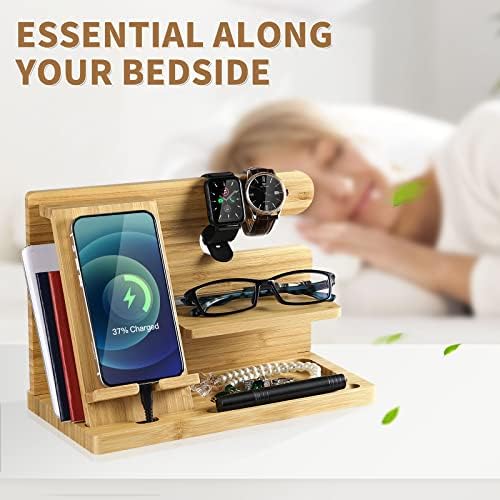 Premium Bamboo Multi-Device Charging Dock: AICase Elegant Wooden Nightstand Organizer for Smartphones, Tablets & Smartwatches – Stylish & Durable Solution Ideal for Home and Office Decluttering