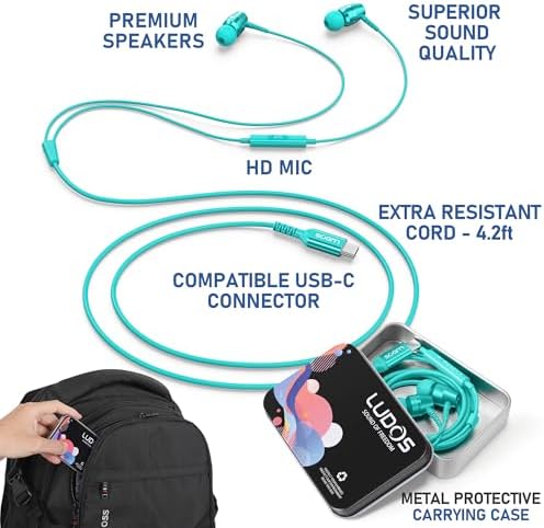 LUDOS OMNITONE USB-C Earbuds – Rich Sound Quality & Comfortable Fit for i Phone 16 & Samsung Galaxy S24 – Noise-Canceling Technology, Ergonomic Design, 5-Year Warranty – Turquoise – Perfect for Music, Gaming, and Calls with Quick USB-C Connectivity and Wide Device Compatibility