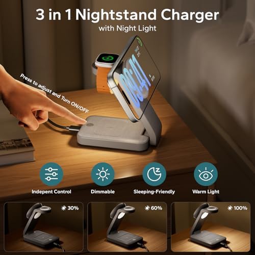 Ultimate 3-in-1 Foldable Wireless Charging Station for Mag Safe – Sleek Nightstand Dock for i Phone 16-13 Pro Max, Apple Watch & Air Pods with Integrated Night Light – Travel-Friendly Design for Effortless Charging and Enhanced Compatibility in Gray