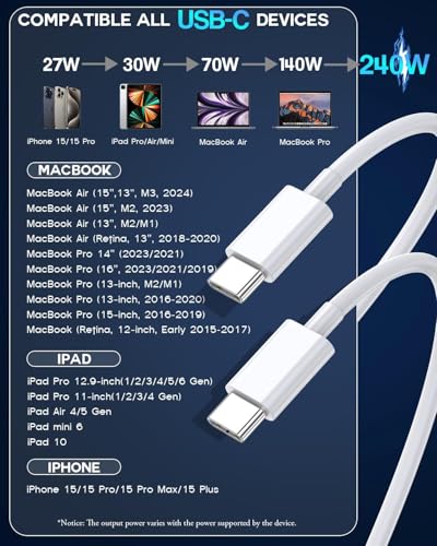 USB C to USB C,240W USB-C Woven Charge Cable,6.6ft 2Pack USB C Cable Fast Charging Cord for Apple MacBook Pro/MacBook Air,iPad Pro/Air,iPad mini,iPhone 16 15 Pro Max Plus Compatible 140W/100W/60W/45W – Enhanced Compatibility and Speed