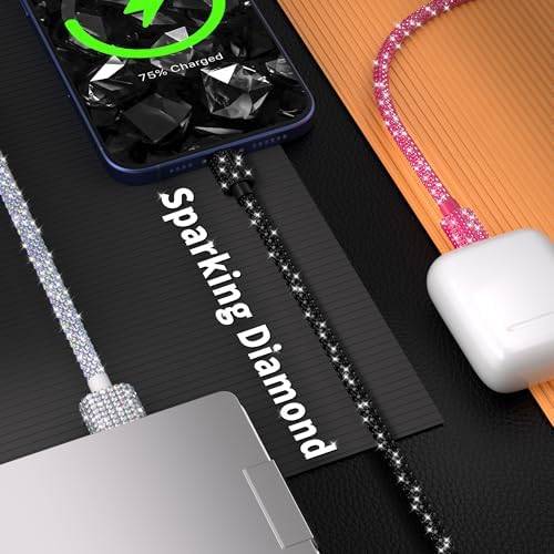 Black Diamond MFi Certified Fast Charging Cable for i Phone – 4 FT USB-A to Lightning Cord with Sparkling Rhinestone Design, Compatible with i Phone 14, 13, 12, 11 Pro Max, XR, XS, X, 8, and 7 – Durable and Stylish Charging Solution for Rapid Power Delivery