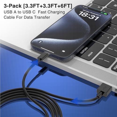 3-Pack Black [3.3FT+3.3FT+6FT] USB A to USB C Cable，USB to USB C Car Carplay Cable for iPhone 16 15 Pro Plus Pro Max，for iPad Pro/Air/Mini，for Samsung S24/S23/S22，for MacBook Pro/Air and More – Enhanced Compatibility and Speed