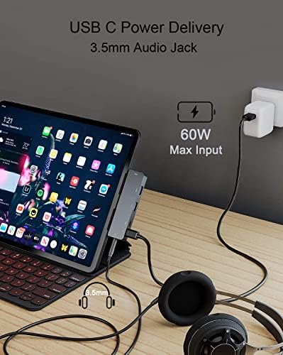 Elevate Your i Pad Pro Experience with Our Versatile 6-in-1 USB C Hub Adapter – Featuring 4 K HDMI, Dual USB 3.0 Ports, 3.5 mm Audio Jack, PD 60 W Charging, and SD/TF Card Slot – Perfect for M2, M1 i Pad Pro 11, 12.9 (2018-2022), i Pad Air, and Mini – Unleash Seamless Connectivity and Effortless Productivity