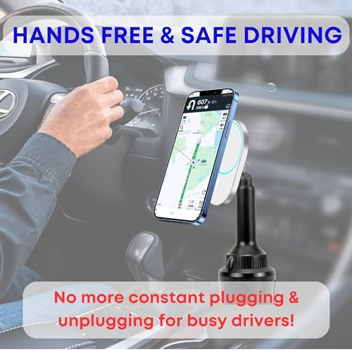 Aporia Mag Safe Car Cup Holder Charger – 15 W Fast Wireless Charging Mount with Adjustable Arm & 360° Rotation for i Phone 12+ | Ultimate Driving Accessory for Effortless Connectivity and Enhanced Convenience on the Road