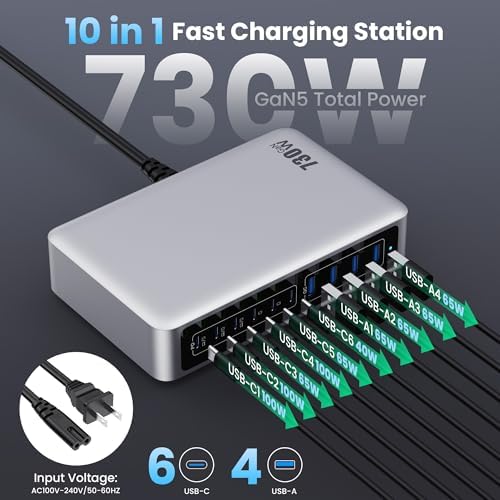 200 W Ga N IV USB-C Charging Hub: 8-Port Fast Charging Station with PD 65 W for Laptops, i Phones, i Pads, and Steam Deck – Compact & Efficient Power Adapter in Striking Red for Ultimate Device Versatility