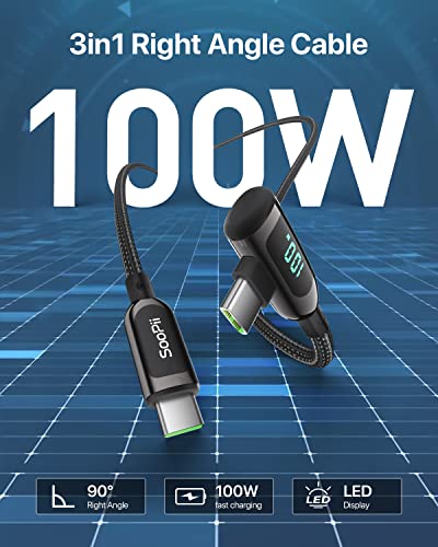 SOOPII 100 W Fast Charging Right Angle USB C to USB C Cable – 6.6 FT Zinc Alloy Braided with LED Display for Enhanced Performance, Compatible with i Phone 16/15, i Pad Air/Pro, Mac Book Pro, Samsung Galaxy S23/S22/S10, Google Pixel & LG Smartphones – Ideal for Gaming & Multitasking