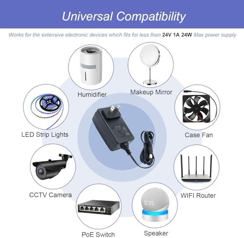 Versatile 24 V ETL Certified Power Adapter – 1 A (24 W) AC to DC Converter with 9 Interchangeable Plugs | Ideal for LED Strip Lights, CCTV Cameras, and DC Pumps | Reliable Power Supply for Diverse Electronic Applications | Optimal Safety and Performance
