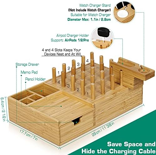 Eco-Friendly Bamboo Charging Station – Darfoo Multi-Device Dock with 7 Fast USB Ports, Drawer Organizer for Phones, Tablets, Smartwatches, and Earbuds – Clutter-Free Solution for Home & Office