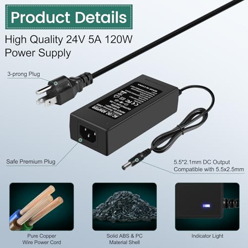 High-Performance 24 V 5 A Universal Power Supply Adapter – AC/DC Converter for LED Strips, CCTV Cameras, and Monitors – 100-240 V Input for Global Compatibility with 5.5 x 2.1 mm Connector – Reliable Power Source with Safety Features for Optimal Device Performance