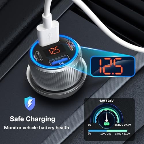 High-Speed USB C Car Charger 3-Pack – 65 W Dual Port QC+PD 3.0 Fast Charging Adapter with Voltmeter for i Phone 16-12, i Pad Pro Max & Android Devices – Reliable Multi-Port Cigarette Lighter Charger in Sleek Black/Gray Design