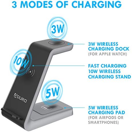 Aduro Power Up Trinity Pro 3-in-1 Wireless Charging Station for Apple Devices – Ultimate Fast Qi Charging Dock for i Phone 12/11/SE, Apple Watch & Air Pods – Sleek Design with Enhanced Safety Features for Efficient Power Management and Organized Device Storage