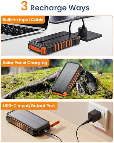 Hiluckey 27,000 m Ah Solar Power Bank with Triple Integrated Cables – Fast 15 W Multi-Device Charger with Five Outputs and Dual Flashlights for Ultimate Outdoor Versatility and Reliability