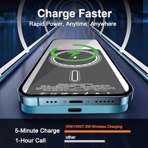 Ultra-Slim Magnetic Wireless Power Bank 5000 m Ah – 15 W Fast Charger for i Phone 16/15/14/13/12 Series – Sleek Metallic Design with USB-C Charging Cable – Enhanced Safety Features for Reliable On-the-Go Power
