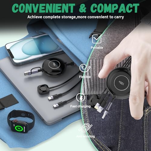 Ultimate 100 W 5-in-1 Retractable Charging Cable – Versatile Fast Charging Solution for i Phone, i Pad, and Apple Watch | USB A/Type C to Lightning & USB C Compatibility | Compact 4 FT Design for Travel Convenience | Durable High-Speed Multi-Device Cord for Everyday Use