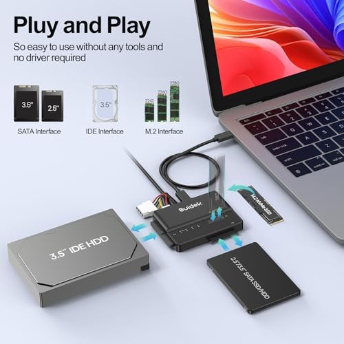 Universal NVMe M.2 to SATA Adapter – Tool-Free PCIe SSD Enclosure with USB 10 Gbps, Supports M Key & M+B Key Drives, Compatible with 2.5″/3.5″ SATA HDDs and IDE Drives for Effortless Data Transfers and Backups