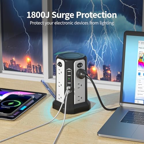 Maximize Power Distribution with the PASSUS Surge Protector Tower – 12 AC Outlets, 5 USB Ports Including 18 W USB C, 10 FT Extension Cord, Space-Saving Flat Plug, Overload Protection for Home and Office Use – Ideal for Multiple Devices and Rapid Charging Solutions