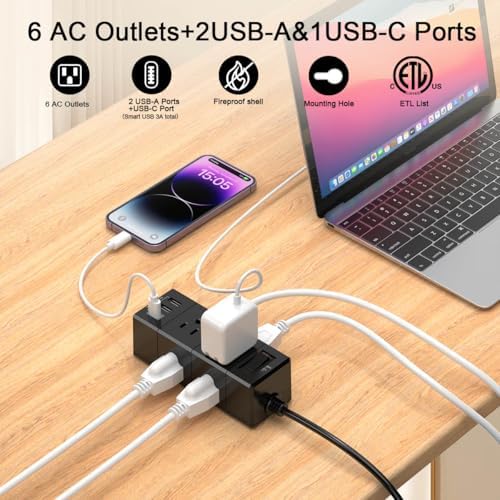 15 Ft Flat Plug Power Strip with 6 AC Outlets and 3 USB Ports – Tcstei Compact Extension Cord for Home, Office, and Dorm Room – Versatile ETL Certified Power Solution with Fast Charging and Space-Saving Design