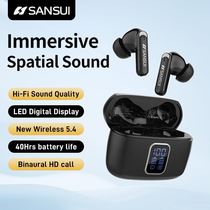 Revolutionize Your Audio Experience with SANSUI W9 TWS Earbuds – Advanced 5.4 Wireless Sports Headphones Featuring Ultra-Low Latency Gaming Mode, Superior Hi-Fi Stereo Sound from 10 MM Dynamic Drivers, and an Extended 23-Hour Battery Life with Convenient LED Indicator, Ideal for Gamers and Active Lifestyles