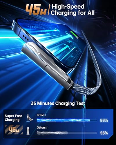 SHEZI 4-in-1 Fast Charging USB C Cable – 60 W Power Delivery with Lightning, USB C, and USB A Ports – 5 FT Durable Flat Nylon Braided Cord – Stylish Pink Design for i Phone, i Pad, and More – High-Speed 480 Mbps Data Transfer Solution for All Your Devices